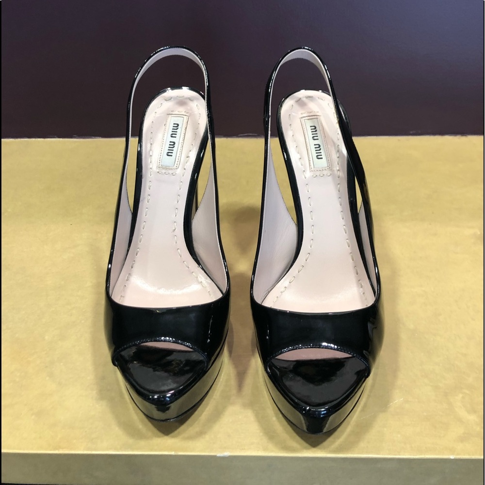 Miu Miu Black Patent sling back peep toe platform